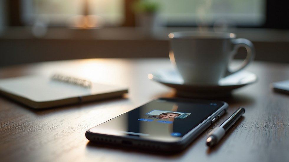 Close-up view of a desk with a notebook, coffee cup, and a smartphone showing a virtual assistant app
