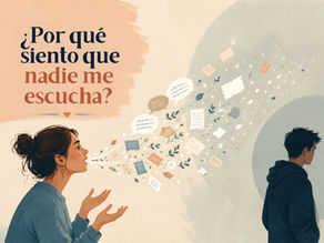 Ilustración conceptual de una persona intentando comunicarse mientras sus palabras se transforman en pequeños mensajes que se dispersan antes de llegar a otra persona, representando la sensación de no ser escuchada.