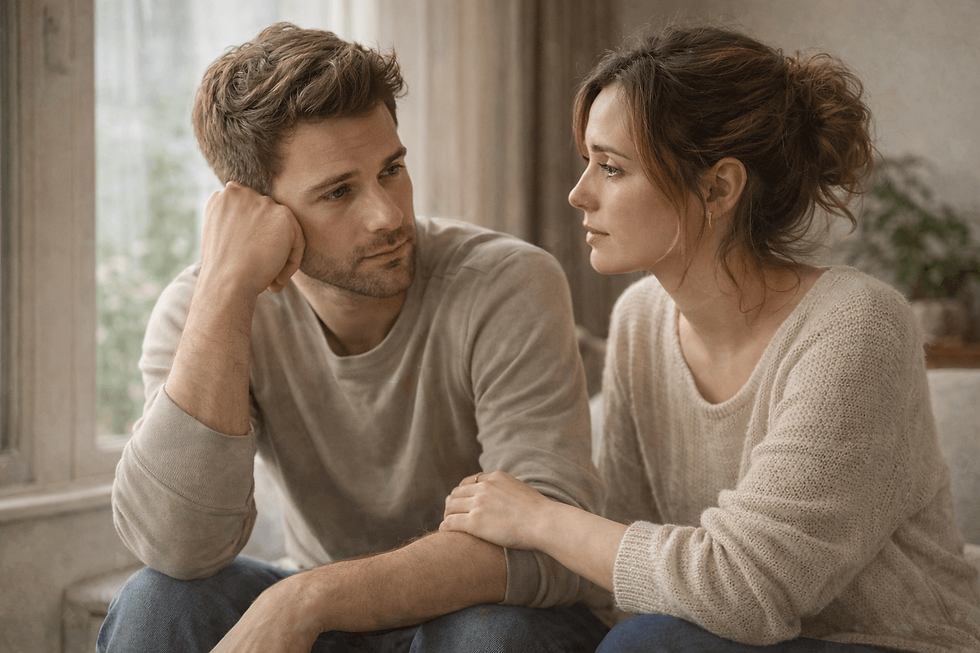 hombre y mujer en conversación tranquila mostrando momento de conexión emocional y pausa en medio del cansancio