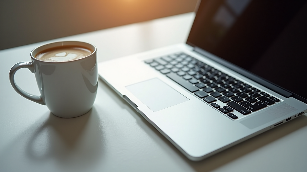 High angle view of a laptop and coffee cup on a clean desk
