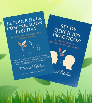 Portadas de los ebooks "El Poder de la Comunicación Efectiva" y "Set de Ejercicios Prácticos" mostradas sobre un fondo de hojas y naturaleza.