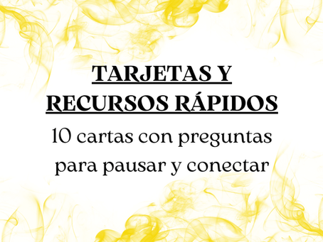Imagen con fondo de humo amarillo y texto central que dice: "10 Cartas con preguntas para pausar y reconectar", representando una invitación para tener momentos de introspección o espacios de conexión emocional.