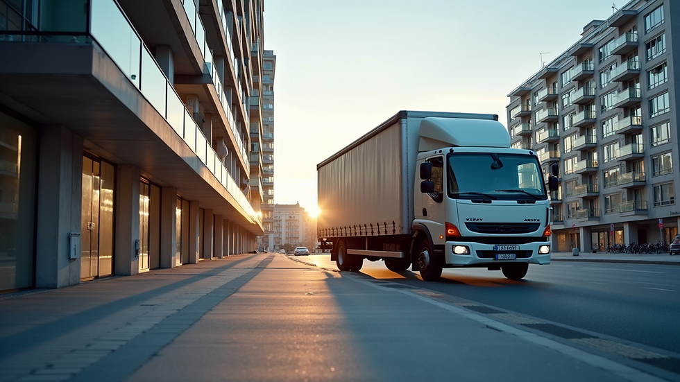 Eye-level view of a moving truck parked outside a modern Oslo apartment building