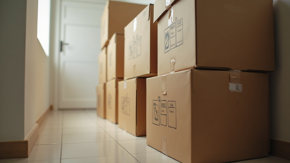 Close-up view of packed moving boxes stacked neatly in a hallway