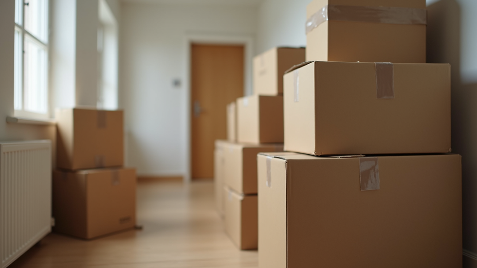 Close-up view of neatly packed moving boxes stacked in a hallway