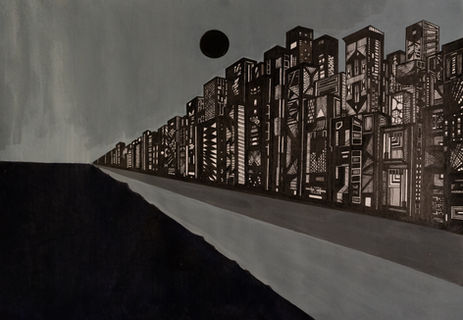 ink, urban, skyline, israeli art