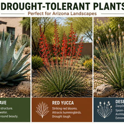 Collage infographic featuring three drought-tolerant plants commonly used in Arizona desert landscaping: agave, red yucca, and desert spoon (Dasylirion wheeleri). The image showcases each plant in a Scottsdale-style xeriscape setting with decorative gravel, desert-friendly landscaping, and native drought-resistant plants designed for low-water, low-maintenance residential landscapes.