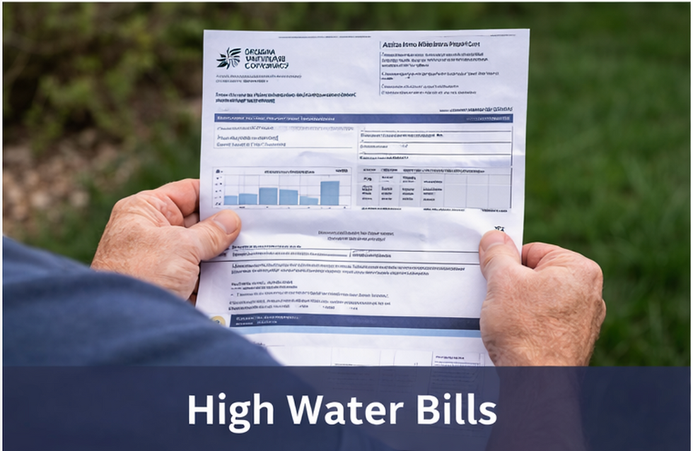 Homeowner reviewing high water bill caused by irrigation leak in Arizona desert landscape property.