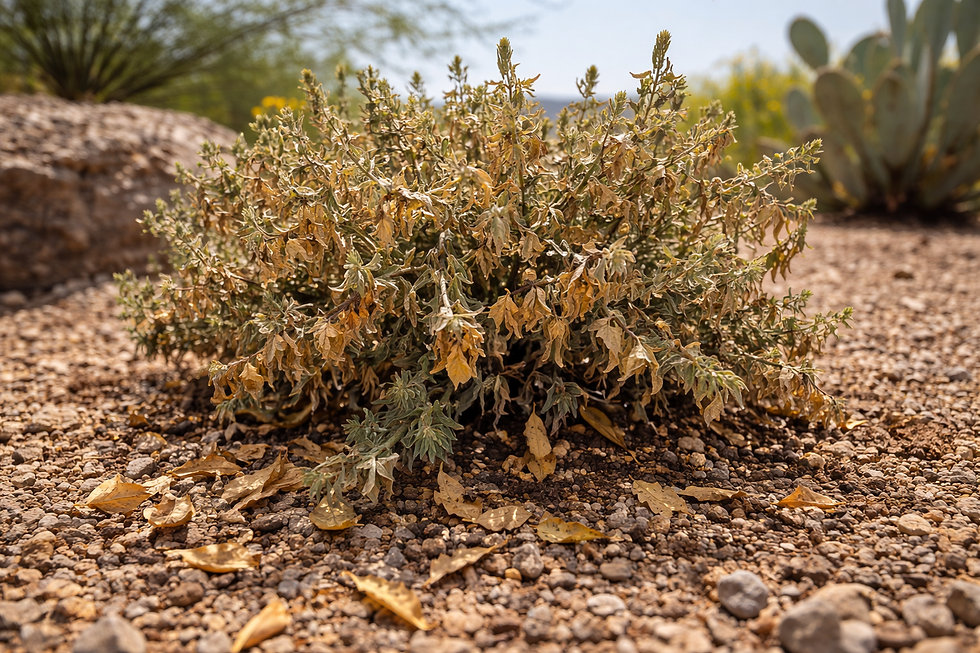 Drought-stressed desert shrub in Fountain Hills Arizona with leaf burn, dropping foliage, and dry rocky soil.