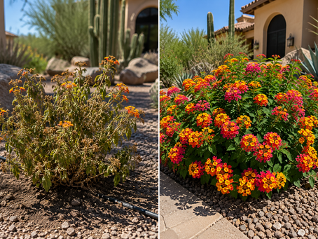 Newly planted lantana shrub showing transplant stress beside a healthy Arizona landscape in Scottsdale.