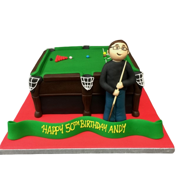 A whimsical snooker-themed cartoon man cake, ideal for sports enthusiasts and parties. Hand-crafted and creatively designed for a fun and unique celebration.