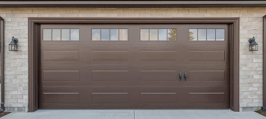 Light brown long panel garage door with custom windows