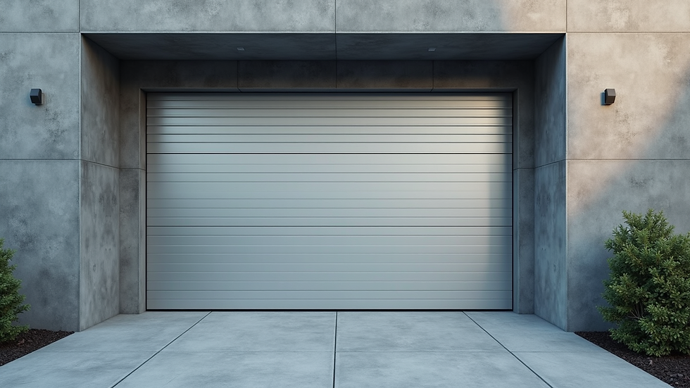 Eye-level view of a steel garage door with modern design
