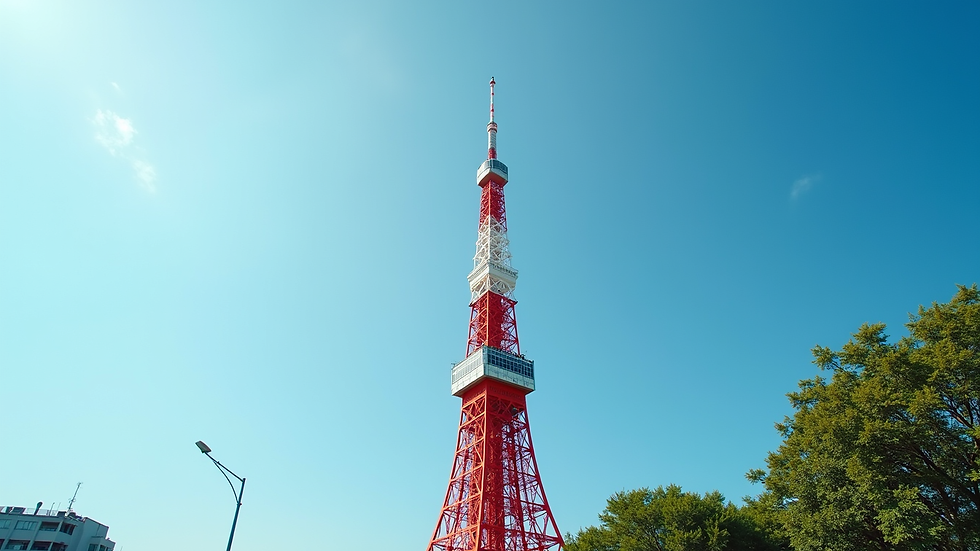 Eye-level view of the iconic Tokyo Tower against a clear blue sky
