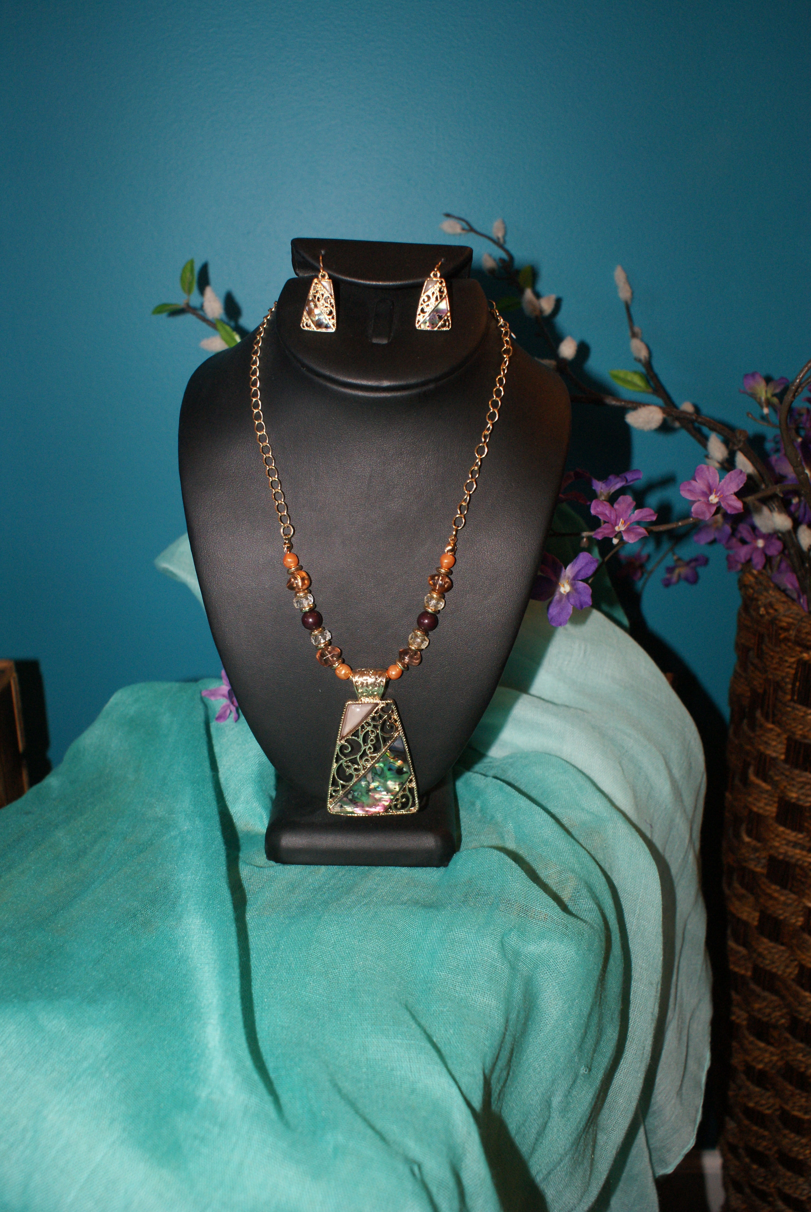 Abalona and MoonStone Gold Plated Necklace & earrings