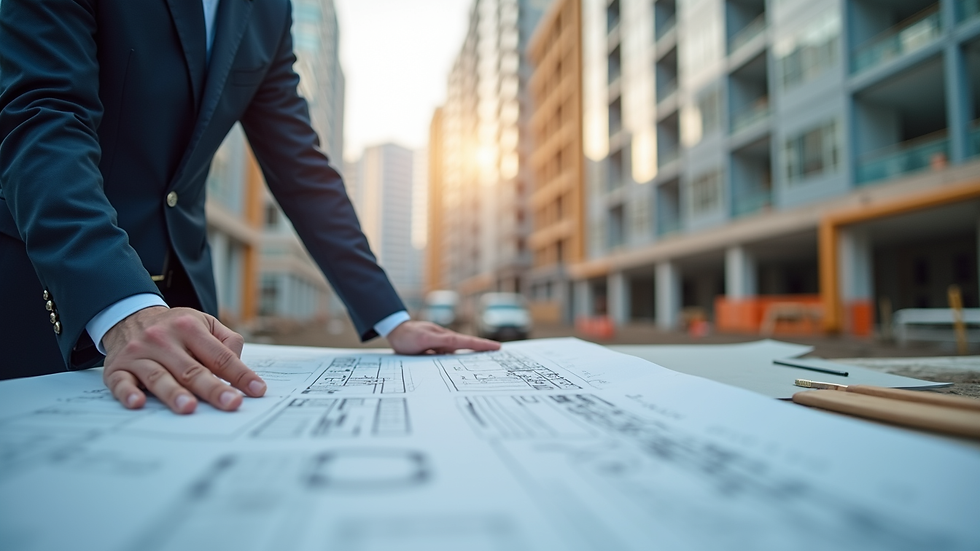 Eye-level view of a construction consultant reviewing blueprints on site