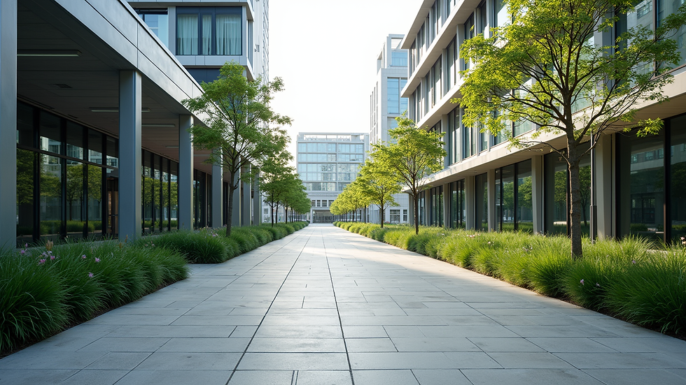 Eye-level view of a modern commercial outdoor space with paved walkways and green landscaping