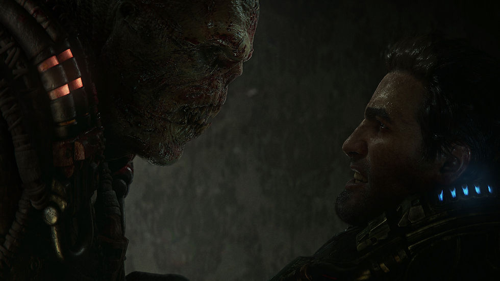Marcus Fenix struggling with a Locust Drone during a cinematic moment.
