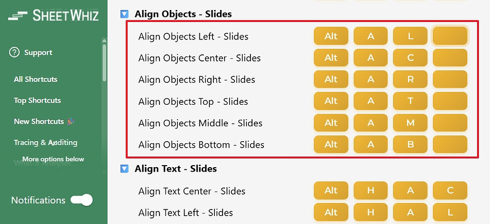 Align Objects shortcuts in SheetWhiz