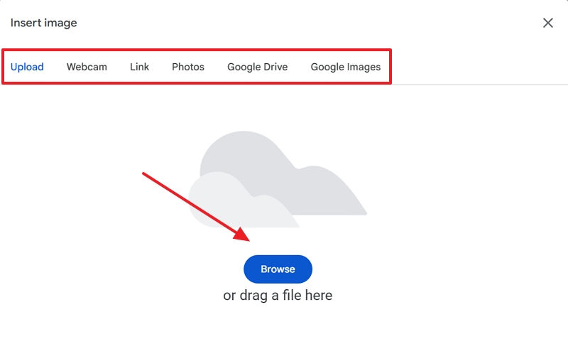 Insert image options in Sheets