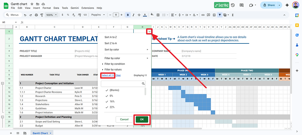 Remove filter in Google Sheets using the Filter dropdown