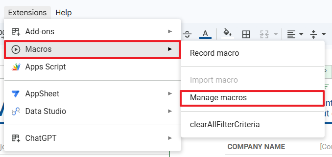 Manage Macros option in Sheets