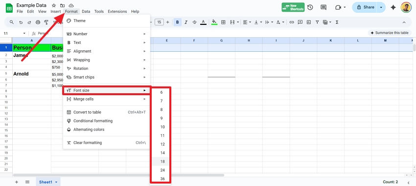 Increase font size using the dropdown menu