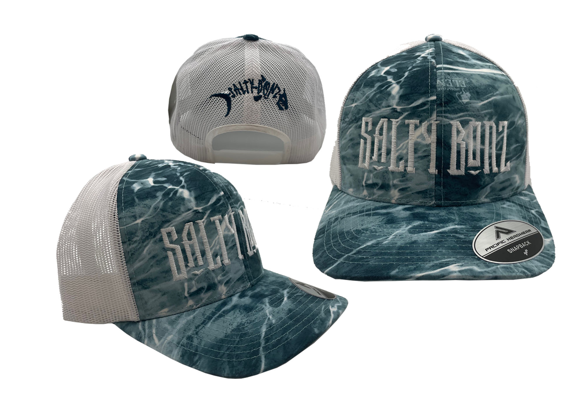 Salty Bonz Salty Seas-Camo Trucker Snapback Cap with Embroidered Logos