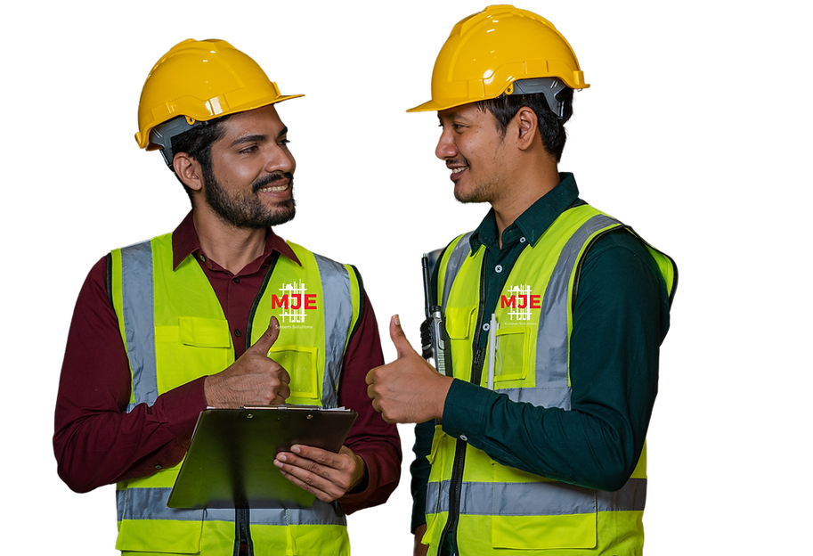 MJE System Solutions Logo Racking Shuttle System Workers