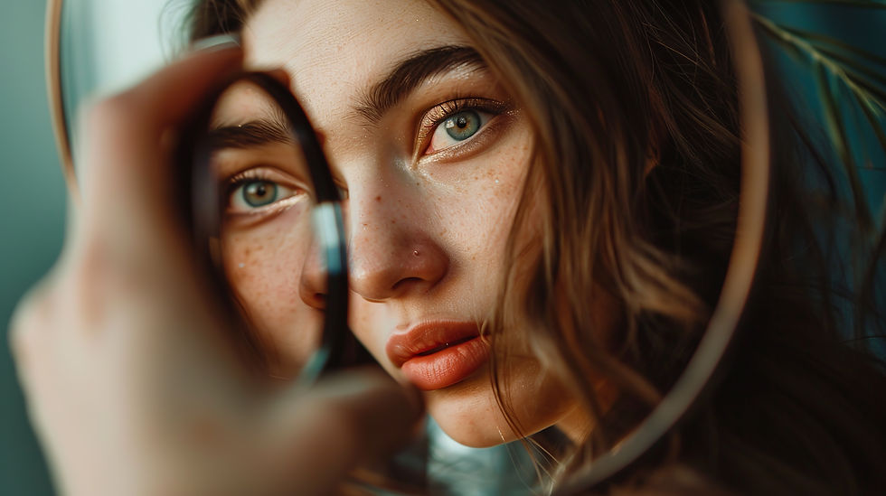 A beautiful woman analyzes her reflection.