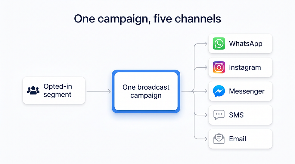 Architecture diagram of a cross-channel broadcast: an opted-in segment feeds one broadcast campaign, which fans out via connector arrows to five channel cards — WhatsApp, Instagram, Messenger, SMS, and email.