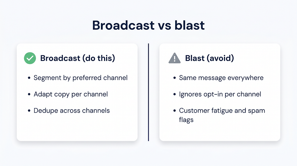 Two-panel concept contrast of broadcast versus blast: the broadcast panel lists segment by preferred channel, adapt copy per channel, and dedupe across channels; the blast panel lists same message everywhere, ignores opt-in per channel, and customer fatigue and spam flags.