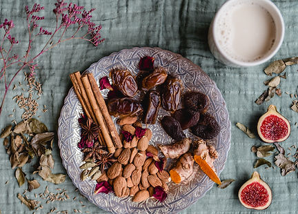 dates, dried apricots, cinnamon, almonds, figs, plant milk