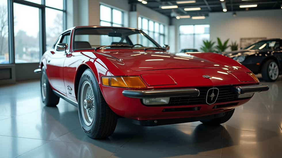 High angle view of a classic Japanese sports car in a showroom