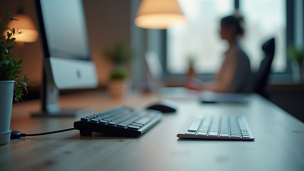 Close-up view of office desk setup with ergonomic accessories