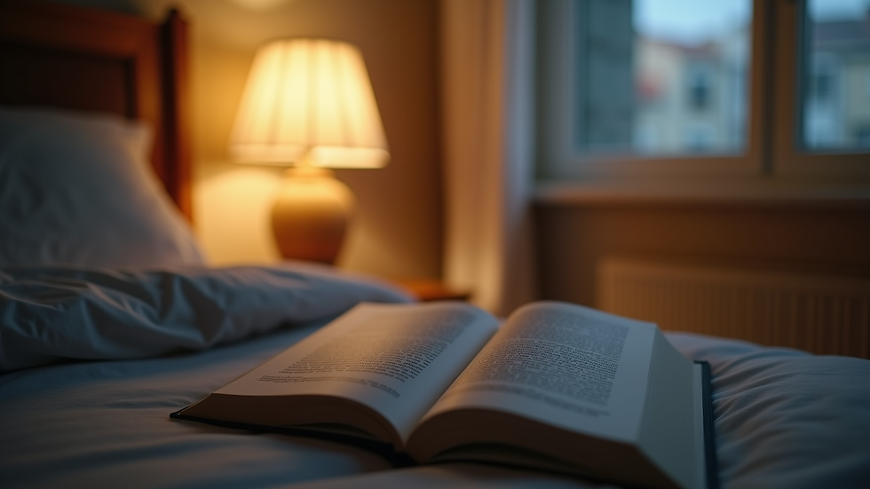 Close-up view of a bedside table with a dim lamp and a book, illustrating a calming pre-sleep environment