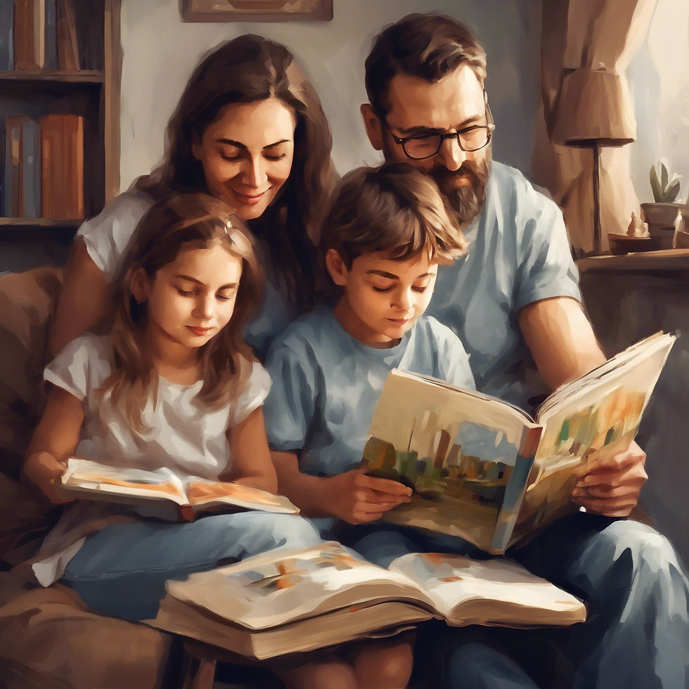 Family sitting together and reading