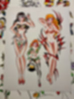 A sheet of traditional tattoo flash artwork inspired by historic artist Pinky Yun, featuring classic pinup models, tribal accents, and a vintage Lady Luck design.