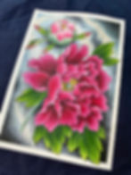 Hand-painted botanical pink peony flower illustration in a bold traditional tattoo flash style, created with Kuretake Gansai Tambi watercolors on Arches paper by Richie Stutler.
