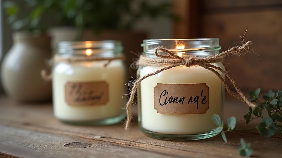 Eye-level view of vintage-style candle jars with twine and handwritten labels