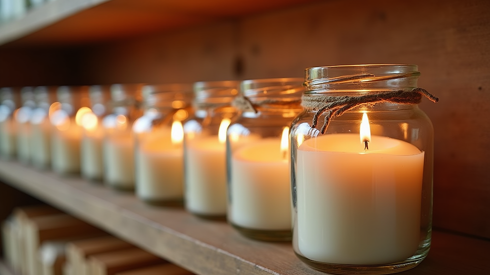 Eye-level view of a collection of large jar candles with wooden wicks on a wooden shelf
