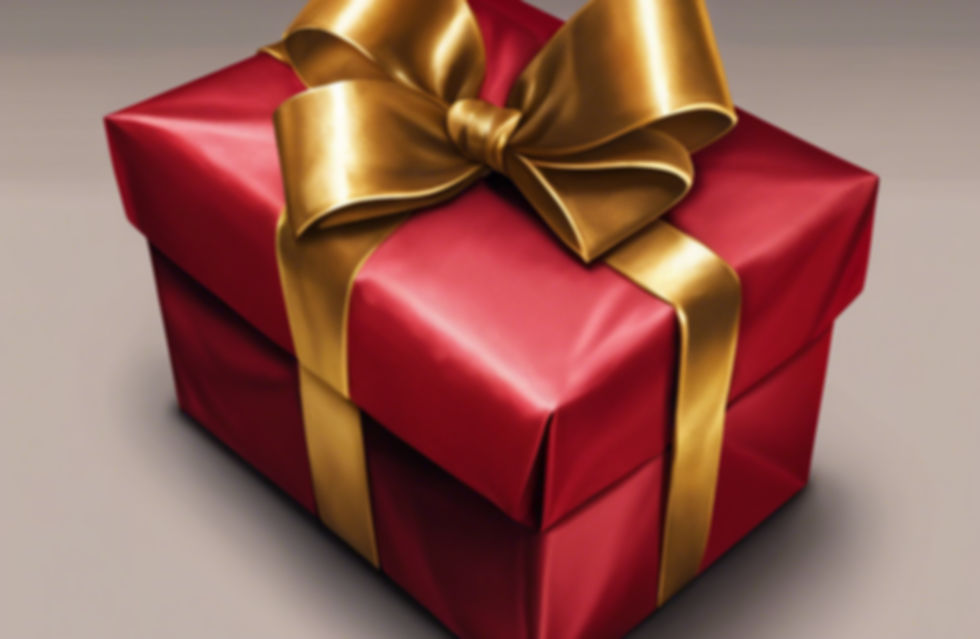 small gift wrapped in red paper and tied with a gold bow, sitting on a black background