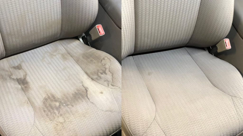 a picture showing the before and after of a beige passenger chair in a car with a big stain and on the other side the stain is gone.