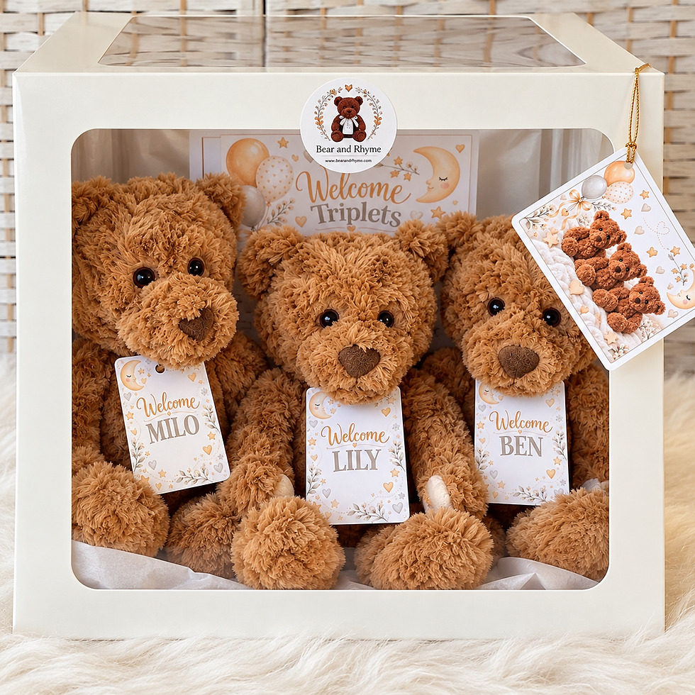 3 teddy bears with name tags sitting in a white gift box with triplets gift tag