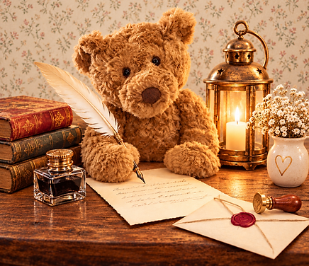 Brown teddy bear beside a glowing vintage lantern, antique books, ink bottle and handwritten letters, illustrating the timeless appeal of teddy bears.