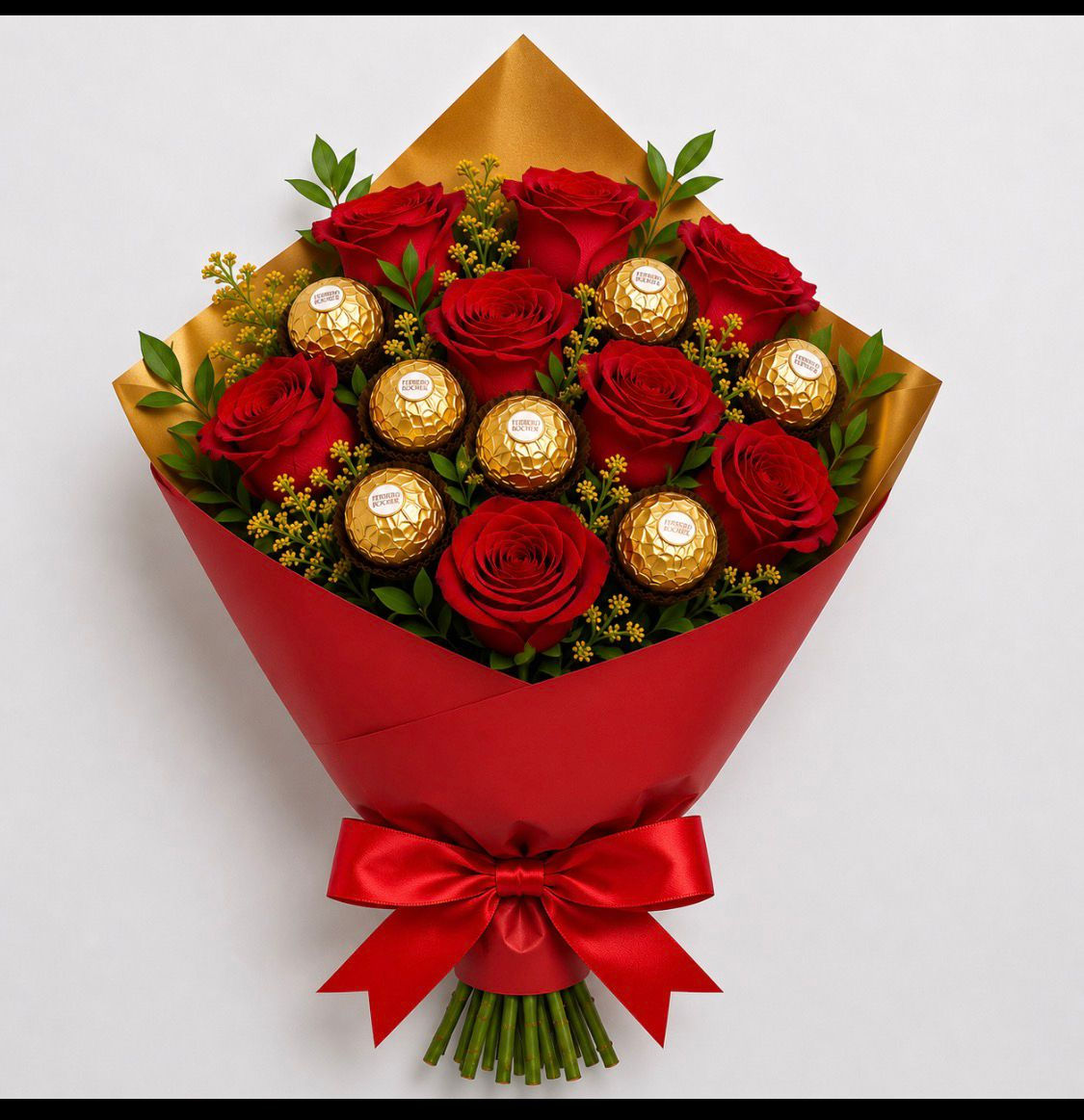 Buquê com 08 Rosas Vermelhas COLOMBIANAS  com Ferrero Rocher