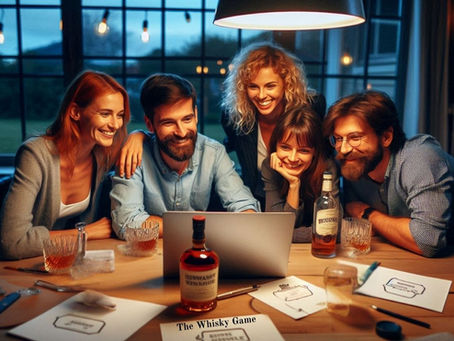 Vier personen sitzen an einem Tisch und spielen ein Online Spiel am Laptop