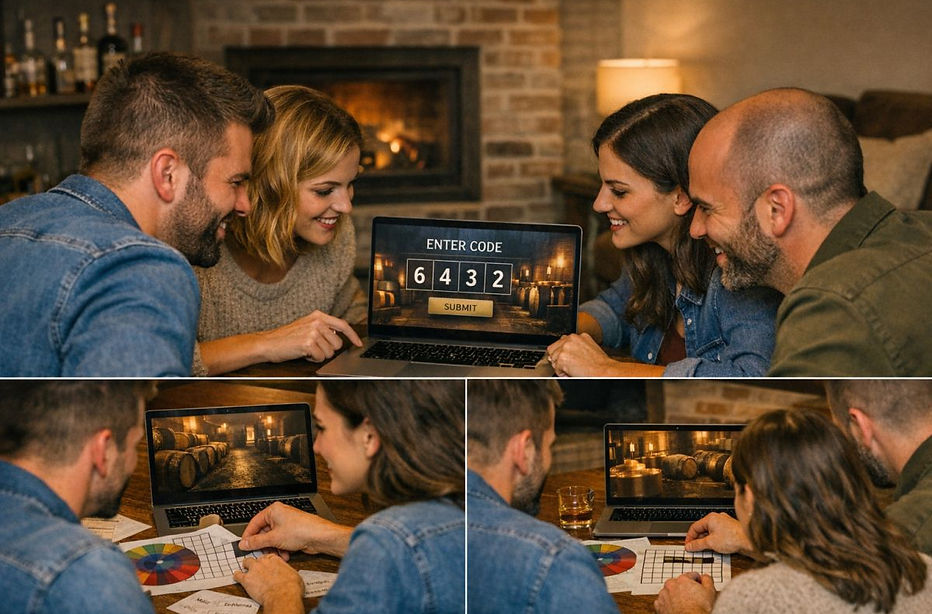 Vier Freunde sitzen lachend am Tisch vor einem Kamin und geben den finalen Geheimcode des Online Escape Rooms auf einem Laptop ein.