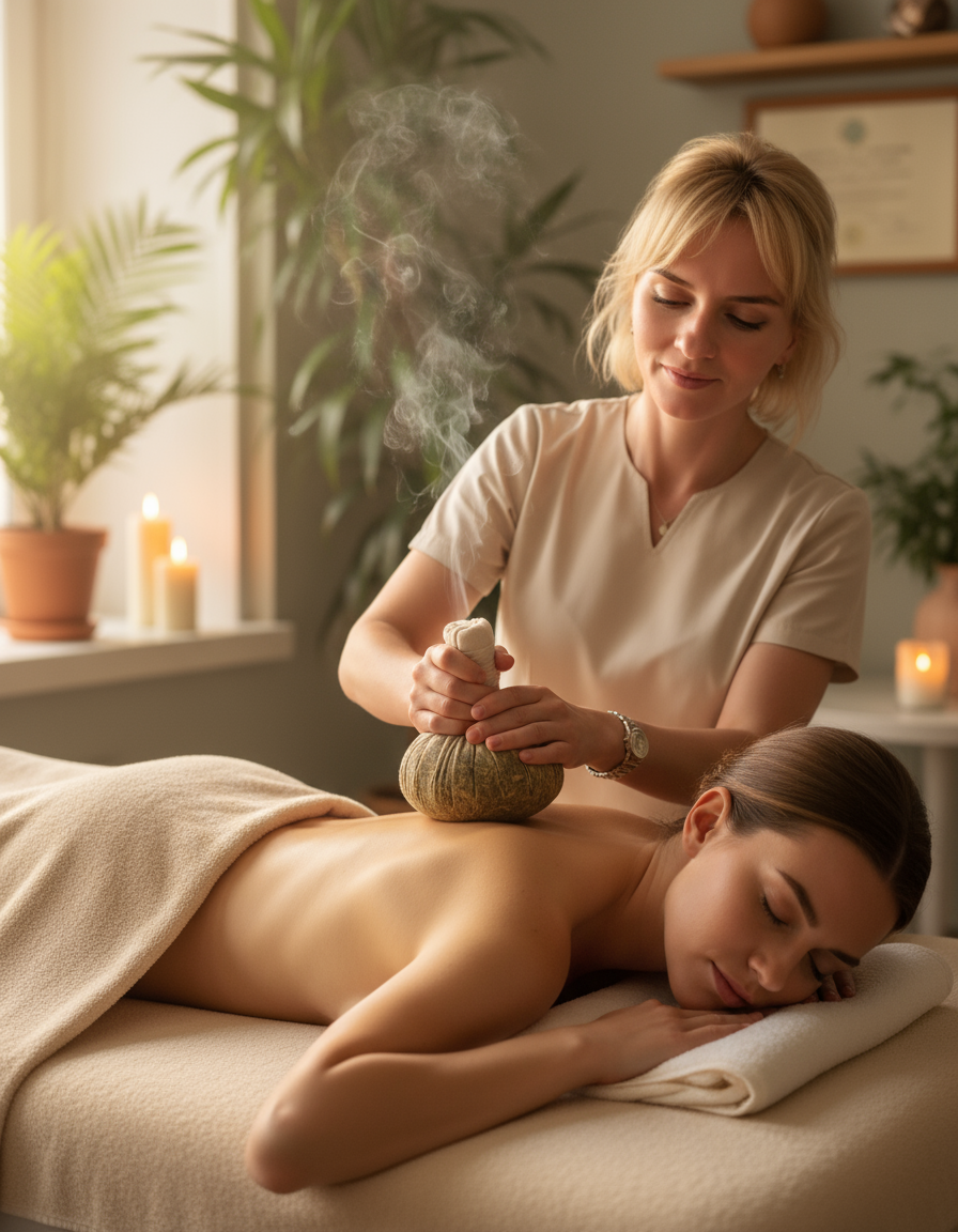 Ultra_realistic_photo_of__subject_1__gently_placing_a_warm_herbal_compress_on_the_back_of_