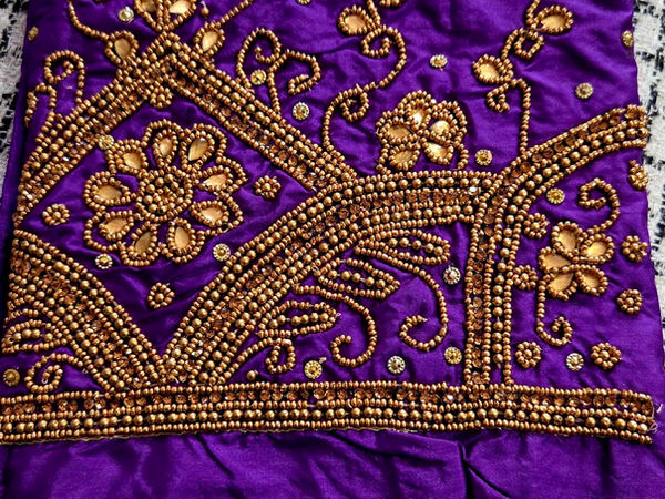 Embroidered Purple Fabric with Gold Beadwork